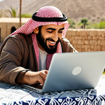 **Image:** A person happily working on their hobby (e.g., photography, writing, cooking) on a laptop outdoors, with a visual representation of money or online income in the background.
    **Prompt:** "A joyful Arab entrepreneur working on their passion project online, laptop, sunny outdoor setting, subtle money symbols, modern Arabic aesthetic."