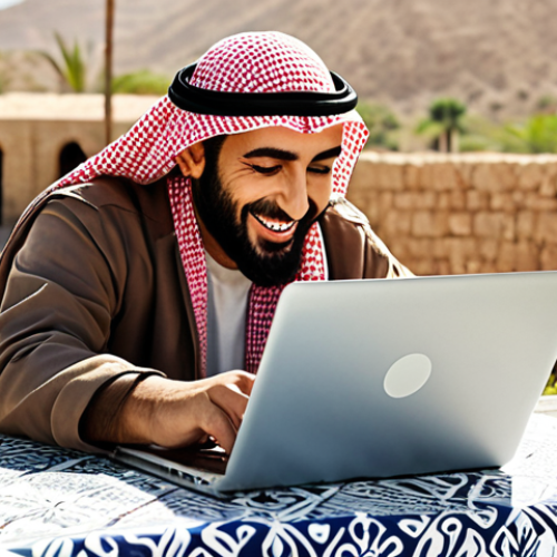 Home 4 **Image:** A person happily working on their hobby (e.g., photography, writing, cooking) on a laptop outdoors, with a visual representation of money or online income in the background.
**Prompt:** "A joyful Arab entrepreneur working on their passion project online, laptop, sunny outdoor setting, subtle money symbols, modern Arabic aesthetic."