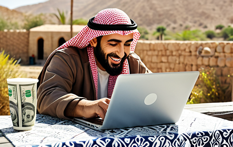 **Image:** A person happily working on their hobby (e.g., photography, writing, cooking) on a laptop outdoors, with a visual representation of money or online income in the background.
**Prompt:** "A joyful Arab entrepreneur working on their passion project online, laptop, sunny outdoor setting, subtle money symbols, modern Arabic aesthetic."