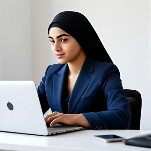 A professional young Arab woman, fully clothed in a modest business blazer and smart trousers, sitting comfortably at a modern desk in a well-lit, clean home office. She is focused on a laptop screen, engaged in digital work. Her pose is natural, reflecting confidence and professionalism. The background is a softly blurred, organized workspace. This image features perfect anatomy, correct proportions, well-formed hands, and a proper finger count. It is a professional photograph, safe for work, appropriate content, and family-friendly, ensuring a high-quality visual representation.