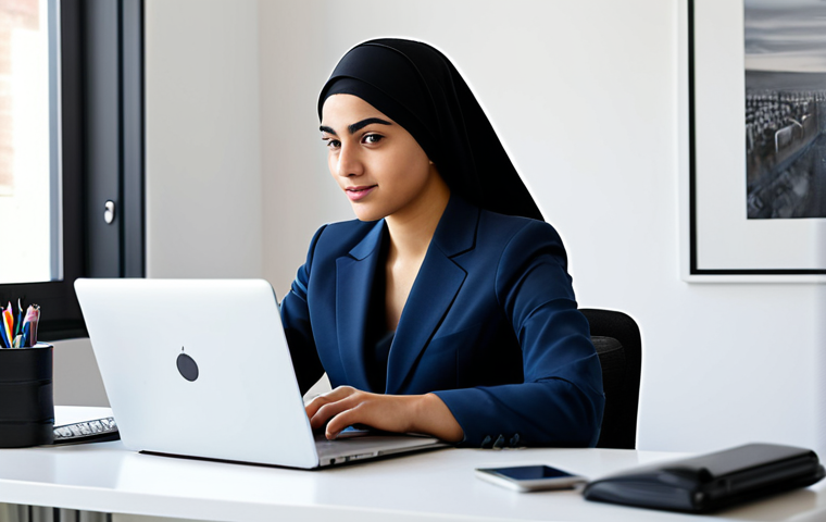 A professional young Arab woman, fully clothed in a modest business blazer and smart trousers, sitting comfortably at a modern desk in a well-lit, clean home office. She is focused on a laptop screen, engaged in digital work. Her pose is natural, reflecting confidence and professionalism. The background is a softly blurred, organized workspace. This image features perfect anatomy, correct proportions, well-formed hands, and a proper finger count. It is a professional photograph, safe for work, appropriate content, and family-friendly, ensuring a high-quality visual representation.