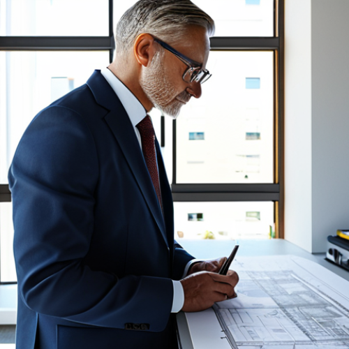 **

"A skilled architect, fully clothed in professional attire, thoughtfully reviews blueprints in a sunlit, modern office. Safe for work, appropriate content, perfect anatomy, correct proportions, well-formed hands, natural pose, high-resolution rendering, family-friendly."

**