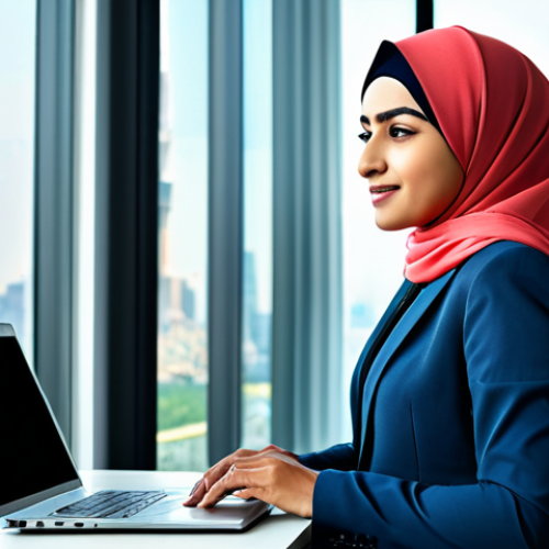 **

"A successful Arab entrepreneur in a modern office, wearing a tailored business suit and hijab, working on a laptop. Background includes a city skyline visible through a large window. Professional environment, bright lighting, focus on achievement, fully clothed, modest attire, perfect anatomy, natural proportions, safe for work, appropriate content, professional."

**