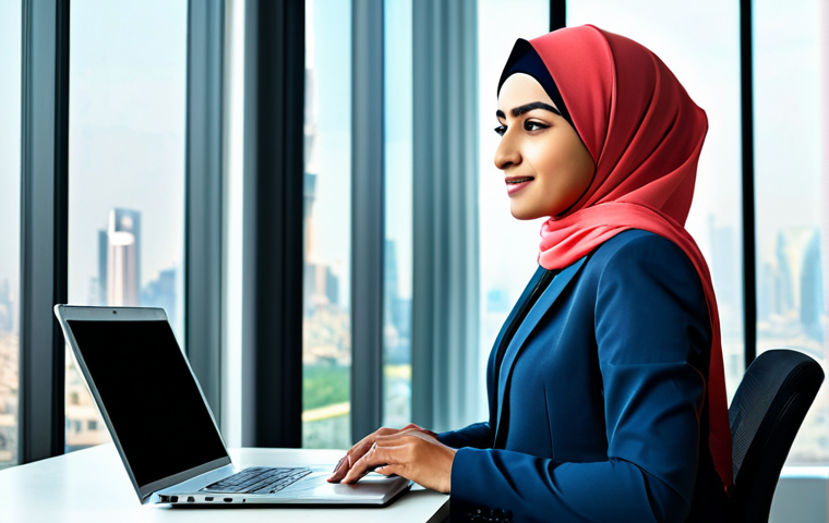 **
"A successful Arab entrepreneur in a modern office, wearing a tailored business suit and hijab, working on a laptop. Background includes a city skyline visible through a large window. Professional environment, bright lighting, focus on achievement, fully clothed, modest attire, perfect anatomy, natural proportions, safe for work, appropriate content, professional."
**