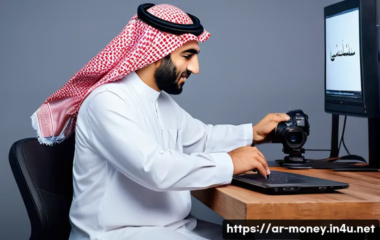 사진 판매 사이트 활용 - A professional Arab photographer in traditional casual clothing, carefully adjusting camera settings...