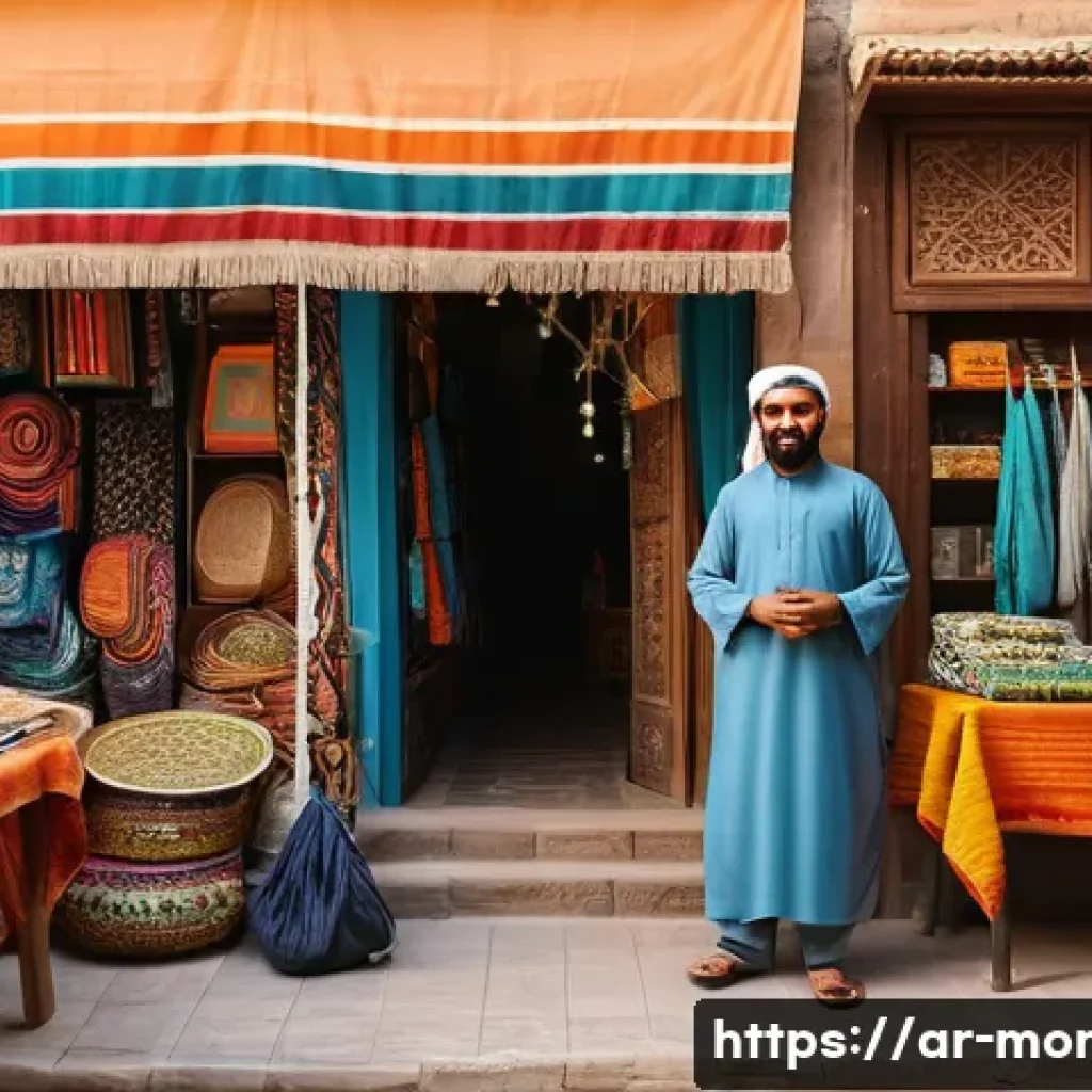 당근마켓 거래 전략 - A cozy local marketplace scene in a Middle Eastern neighborhood, featuring a friendly seller display...