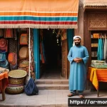 Home 21 당근마켓 거래 전략 - A cozy local marketplace scene in a Middle Eastern neighborhood, featuring a friendly seller display...