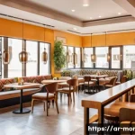 Home 20 카페 창업 비용과 절차 - A cozy Arabic coffee shop interior scene in a bustling urban neighborhood near a university, featuri...