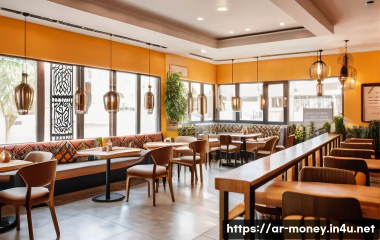 카페 창업 비용과 절차 - A cozy Arabic coffee shop interior scene in a bustling urban neighborhood near a university, featuri...