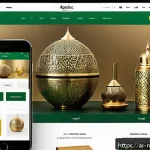 Home 19 스마트스토어 창업 - A modern, sleek digital marketplace interface showcasing an Arabic-themed online store homepage with...