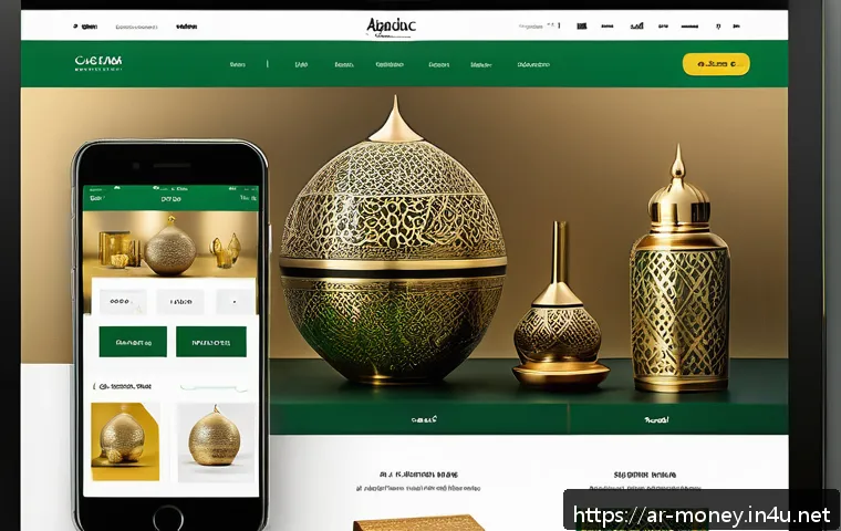 스마트스토어 창업 - A modern, sleek digital marketplace interface showcasing an Arabic-themed online store homepage with...