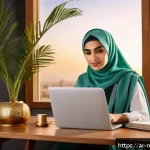 Home 18 네이버 블로그 체험단 - A modern Arabic blogger workspace with a young Middle Eastern woman wearing modest clothing sitting ...