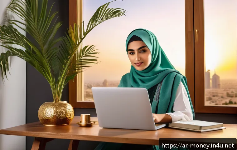 네이버 블로그 체험단 - A modern Arabic blogger workspace with a young Middle Eastern woman wearing modest clothing sitting ...