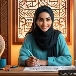 Home 17 웹툰 작가 수익화 - A vibrant digital illustration of a young Arab woman webtoon artist working in her cozy studio, surr...