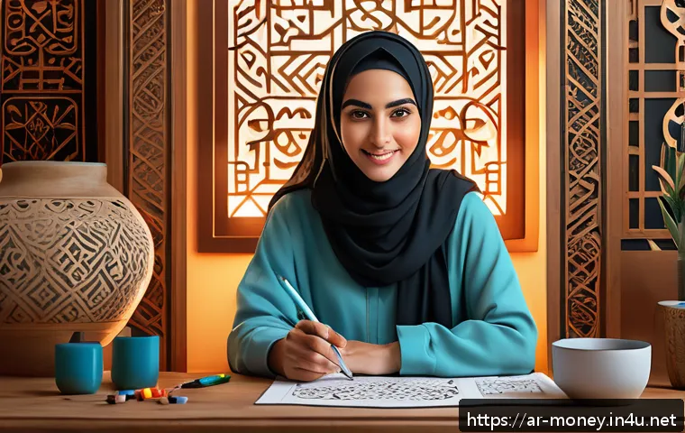 웹툰 작가 수익화 - A vibrant digital illustration of a young Arab woman webtoon artist working in her cozy studio, surr...