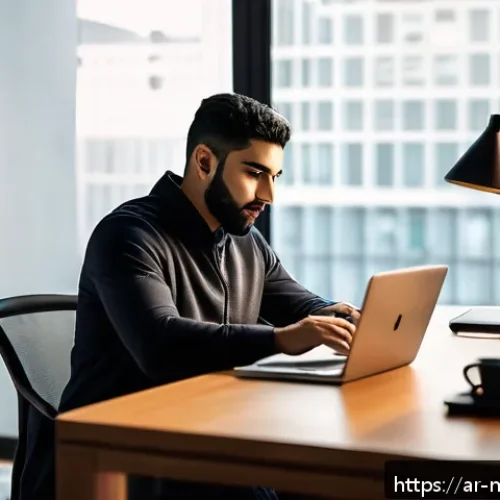 Home 16 가상자산 지갑 운영 - A professional Middle Eastern man sitting at a modern desk in a sleek home office, securely managing...
