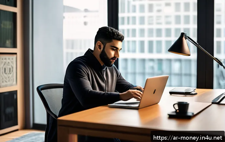 가상자산 지갑 운영 - A professional Middle Eastern man sitting at a modern desk in a sleek home office, securely managing...