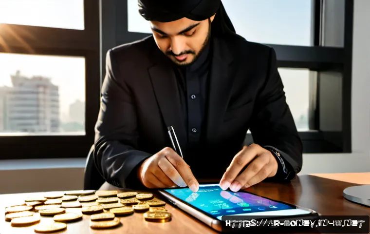 Home 17 디파이 DeFi 예치 이자 - Photorealistic Middle Eastern financial professional in modest contemporary business attire reviewin...
